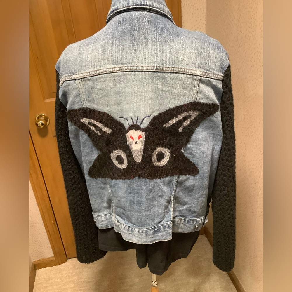 Hippie Laundry upcycled Denim Jacket with Black Knit sleeves and scarf. - Picture 3 of 10